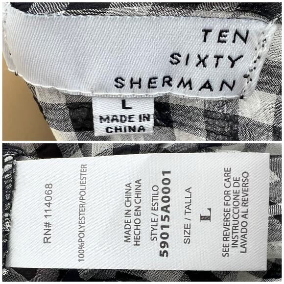Ten Sixty Sherman LARGE Black White Sheer Gingham Plaid Cold Shoulder Top - Picture 5 of 5